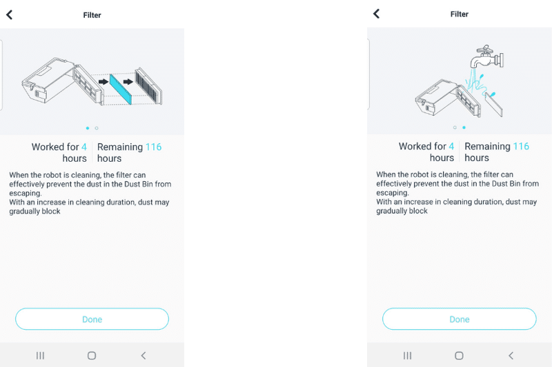 In der Yeedi App wird gezeigt, wie die Filterreining eines Yeedi Saug-Wisch-Roboters zu erfolgen hat
